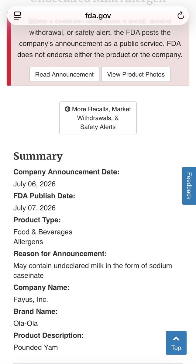 General_Oluchi's tweet photo. The U.S. FDA has recalled Ola Ola Pounded Yam for failing to disclose that it contains milk, but labeled as Sodium Caseinate. For this reason, it has been removed from online marketplaces. If you are allergic to diary, then you shouldn’t eat it. 

I have never had issues with the product. In fact, we prefer it to eba. But it’s good to know that the FDA is holding them accountable to declare every ingredient.