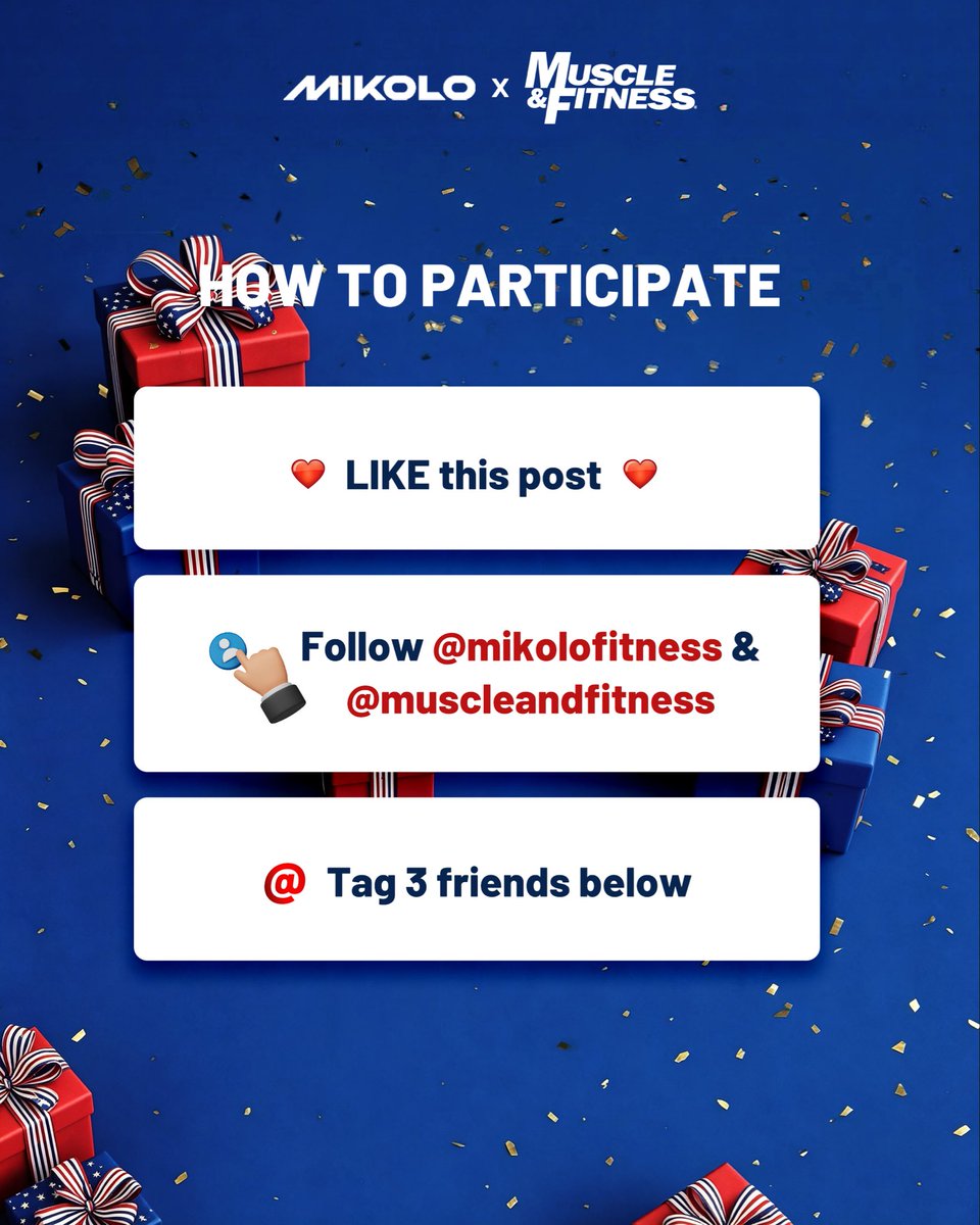 muscle_fitness's tweet photo. Declare your fitness independence & win great prizes to celebrate America's 250th anniversary!

We’ve teamed up with @mikolofitness
for their biggest giveaway yet—25 incredible prizes to celebrate 250 years of American freedom! 
Whether you’re just getting started or upgrading your current setup, this is your opportunity to train stronger at home.

🎁 25 Winners for 250 Years:
🏆 1 Grand Prize Winner:
M4-2.0 Ultra All-In-One Functional Home Gym Smith Machine 

🥈 4 Second Prize Winners:
Two MIKOLO G3 Plate Loaded Pulley Tower
Two 7 ft Gold Barbells- 20 kg
🥉 20 Third Prize Winners
$50 MIKOLO Gift Card + Gym Flag 

How to Enter:
✔ Follow @mikolofitness and @muscleandfitness
👍 Like this post
✨ Tag 3 friends ( 👉more tags = more entries!)
🍀 Bonus entry：
Comment which MIKOLO machine would complete your dream home gym
⏰ Entry Period: July 8th – July 12th, 2026
Winner Announced: July 13th (@mikolofitness will DM the winner)
📍 U.S. only. Must be 18+. No PO boxes. Not affiliated with Instagram or Facebook.
Good luck! ❤️🤍💙

#MikoloFitness #mikolo #MadeToBuildWithYou #giveaway #homegym