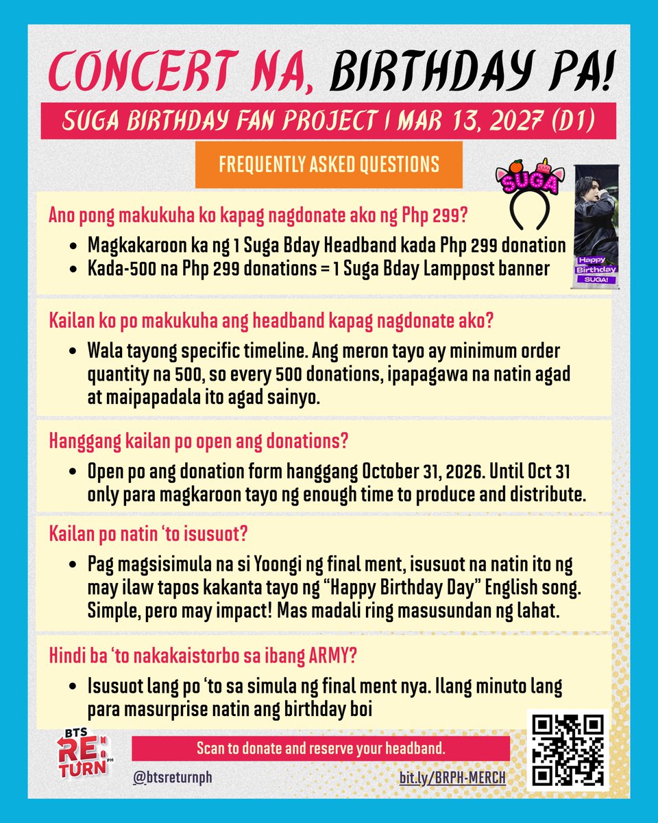 BTSonAMPH's tweet photo. π CONCERT NA, BIRTHDAY PA! π
Everything you need to know about our D1 SUGA Birthday Fan Project is here! Swipe through the FAQs to know how you can help make this birthday surprise unforgettable β¨
π Get yours now at https://t.co/K0HSZSvL6w
#BTSRE_TURNPH #D1BRPHFanProject https://t.co/00i2E685j3