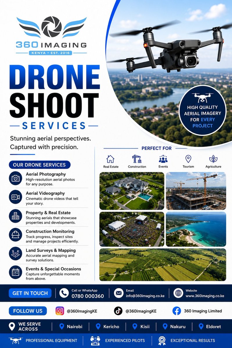 360imagingke's tweet photo. Our drone services are now available in the following counties: Nairobi, Kericho, Kisii, Nakuru and Eldoret.

Call or WhatsApp 0780 000360 to book your shoot. https://t.co/LvIUhYb6m9