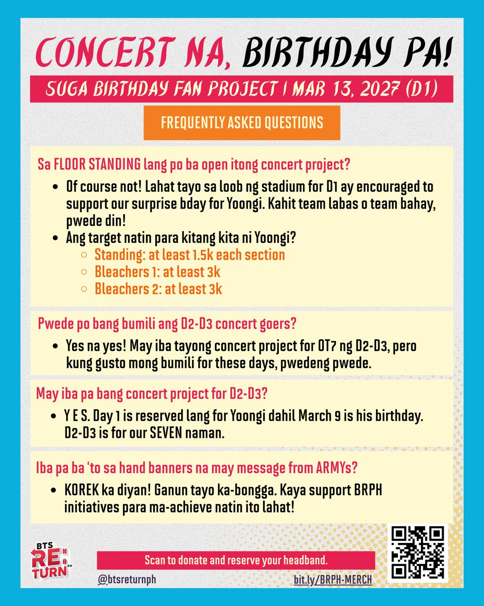 BTSonAMPH's tweet photo. π CONCERT NA, BIRTHDAY PA! π
Everything you need to know about our D1 SUGA Birthday Fan Project is here! Swipe through the FAQs to know how you can help make this birthday surprise unforgettable β¨
π Get yours now at https://t.co/K0HSZSvL6w
#BTSRE_TURNPH #D1BRPHFanProject https://t.co/00i2E685j3