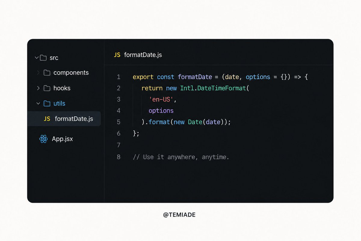 TemiloluwaAdey's tweet photo. One utility function can save hours of debugging.

If you keep writing the same logic, extract it.

Less duplication.
Fewer bugs.
Cleaner code.

Write it once.
Reuse it everywhere.

#ReactJS #CleanCode https://t.co/ChzHxz4Jii