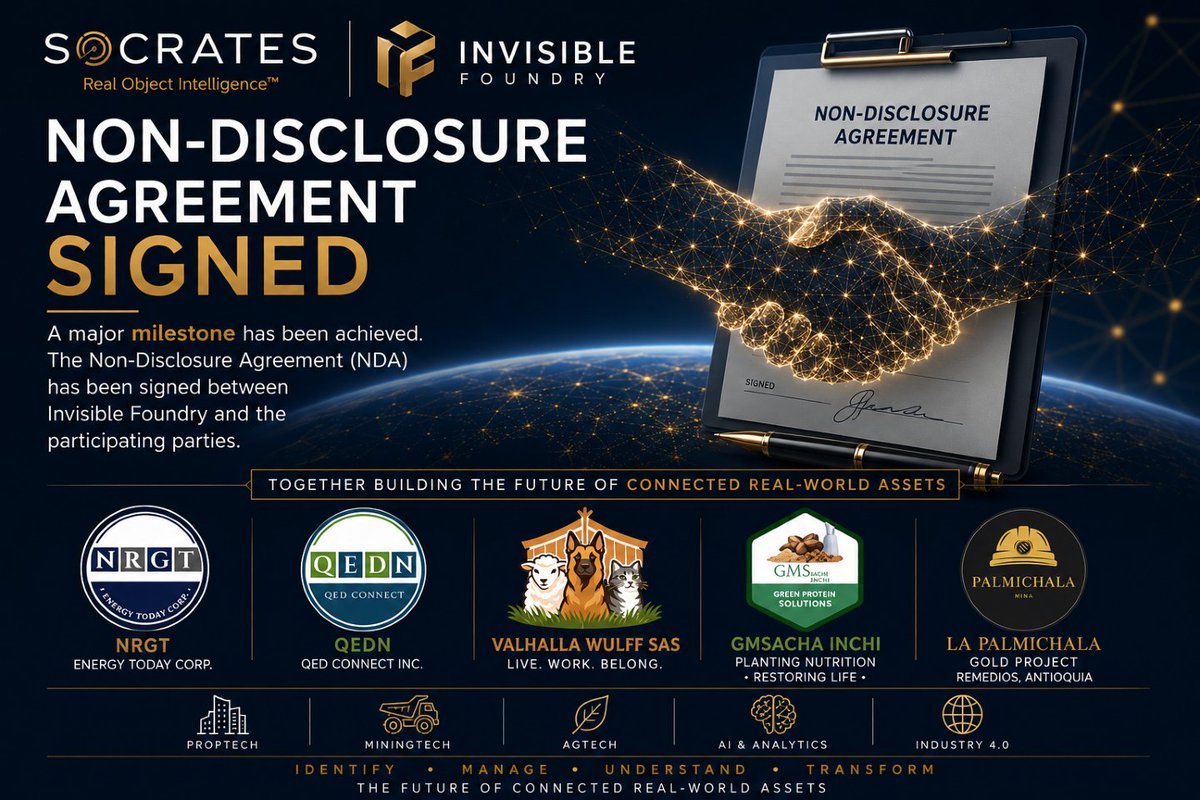 EnergyTodayCorp's tweet photo. A major milestone has been reached.

The Non-Disclosure Agreement (NDA) has been signed between Invisible Foundry, Energy Today $NRGT, QED Connect $QEDN, establishing a secure foundation for advancing the commercialization of the Socrates platform.

With confidentiality in place, the teams can now move forward with technical collaboration, strategic planning, and partnership discussions to accelerate the development of Real Object Intelligence™ and the future of connected real-world assets.

This is another important step toward transforming how physical assets are identified, managed, and understood across industries.

#Socrates #RealObjectIntelligence #DigitalTransformation #Innovation #PropTech #MiningTech #AgTech #ArtificialIntelligence #Industry40 #InvisibleFoundry #nrgt #qedn #colombia #economicgrowth #mining #goldmining  #innovation #madeincolombia #digitaltransformation #technology #gold #emergingtechnology  #communitydevelopment