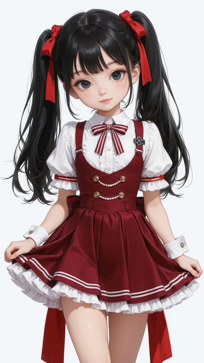 AliceLavli's tweet photo. リボンの可愛いファミレスみたいな衣装のプロンプトをどうぞ✨
deep burgundy red fit-and-flare mini dress, classic white pointed shirt collar, short sleeves with wide white folded cuffs, double crimson red stripe running across each cuff, fitted bodice, smooth matte woven fabric, asymmetrical double-breasted decorative front with two vertical rows of three round pearl white buttons, decorative buttons only, no front zipper, no front opening, small white welt detail on the left chest, narrow burgundy neck ribbon with a large burgundy and white vertically striped bow tie, natural waistline with soft gathers, matching burgundy and white vertically striped self-fabric waist sash, oversized side-tied bow positioned slightly right of center, extra long ribbon tails extending below the skirt hem, full flared mini skirt, white ruffled petticoat visible beneath the hem, clean A-line silhouette, white shoulder straps with small gold button attachments, small round embroidered sleeve badge on the upper left sleeve, smooth tailored construction, strict color placement, deep burgundy red fabric only, white collar, cuffs and petticoat only, burgundy and white striped neck bow and waist sash only, pearl white buttons only, highly detailed stitching