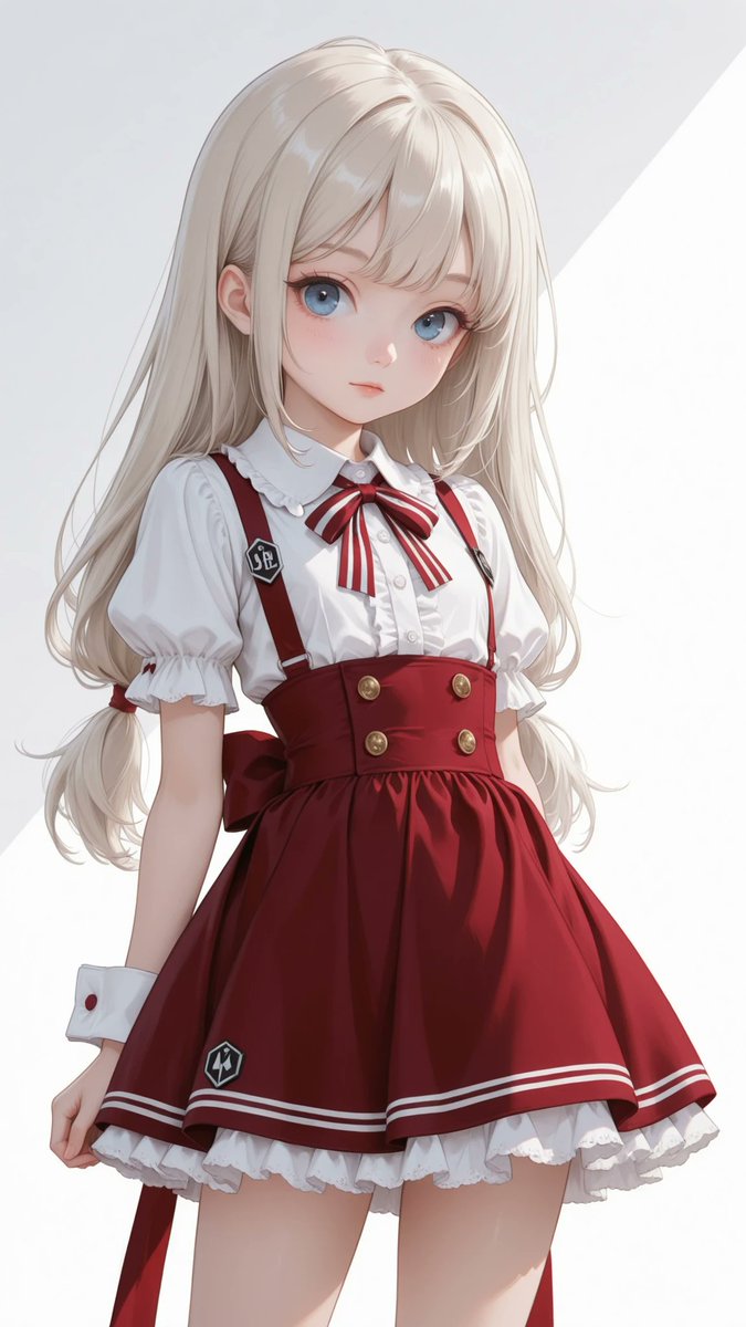 AliceLavli's tweet photo. リボンの可愛いファミレスみたいな衣装のプロンプトをどうぞ✨
deep burgundy red fit-and-flare mini dress, classic white pointed shirt collar, short sleeves with wide white folded cuffs, double crimson red stripe running across each cuff, fitted bodice, smooth matte woven fabric, asymmetrical double-breasted decorative front with two vertical rows of three round pearl white buttons, decorative buttons only, no front zipper, no front opening, small white welt detail on the left chest, narrow burgundy neck ribbon with a large burgundy and white vertically striped bow tie, natural waistline with soft gathers, matching burgundy and white vertically striped self-fabric waist sash, oversized side-tied bow positioned slightly right of center, extra long ribbon tails extending below the skirt hem, full flared mini skirt, white ruffled petticoat visible beneath the hem, clean A-line silhouette, white shoulder straps with small gold button attachments, small round embroidered sleeve badge on the upper left sleeve, smooth tailored construction, strict color placement, deep burgundy red fabric only, white collar, cuffs and petticoat only, burgundy and white striped neck bow and waist sash only, pearl white buttons only, highly detailed stitching