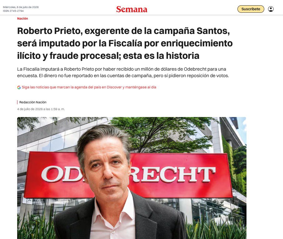 MariaFdaCabal's tweet photo. Imputan a Roberto Prieto por el millón de dólares de Odebrecht que entró a la campaña del impune Juan Manuel Santos. 

Investigan la entrega de $16.000 millones que el Estado pagó a una campaña que violó los topes. 

¿Santos nunca pagará? https://t.co/GWb8SPHkO7