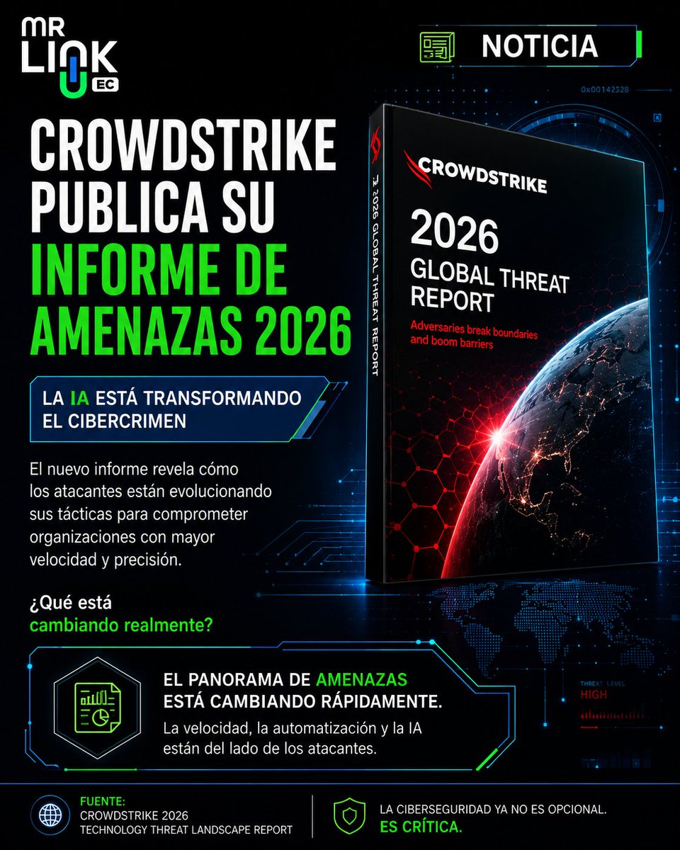 MrLinkEc's tweet photo. 🚨 La IA está cambiando el cibercrimen más rápido de lo que imaginamos.
El nuevo informe CrowdStrike Technology Threat Landscape Report 2026 revela cifras que toda empresa y profesional de TI debería conocer.

 Instagram: https://t.co/qz0Iv7MeHY https://t.co/sc0akBbnvk