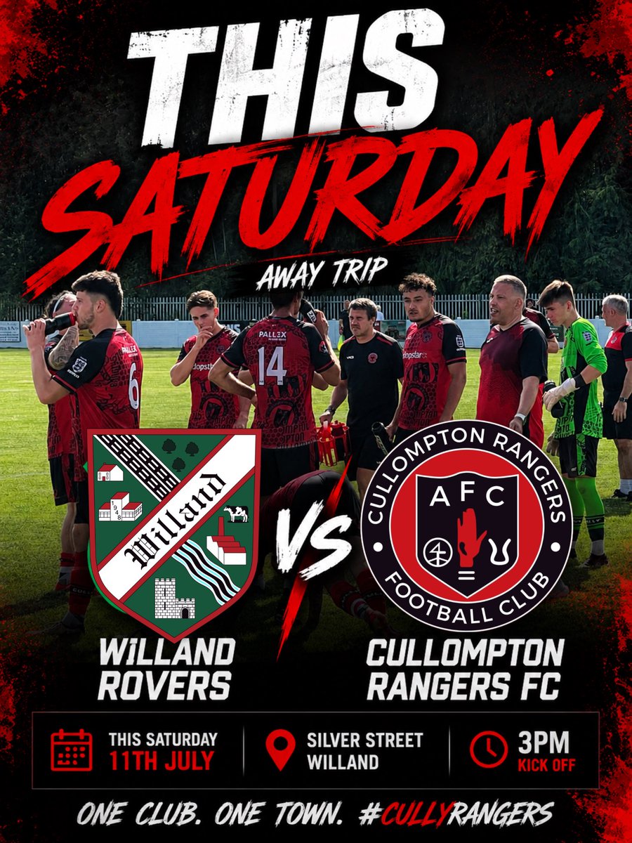 CullyRangers_FC's tweet photo. 🚗 AWAY DAY | THIS SATURDAY
Pre-season continues with the short trip to local rivals @WillandRovers .
📍 Silver Street, Willand
🕒 3:00pm KO
Come and get behind the lads as preparations for the new season continue. ❤️🖤
#CullyRangers #AwayDay #PreSeason https://t.co/rtoH1MYmPb