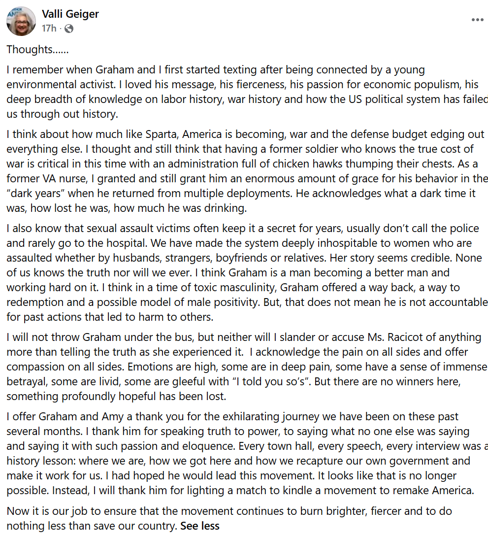 TheMaineWire's tweet photo. Valli Geiger finally releases a statement.
"I will not throw Graham under the bus... I acknowledge the pain on all sides."
This is a lady whose signature piece of legislation was to increase access to sexual assault tracking kits. https://t.co/OgOJdmBmiC
