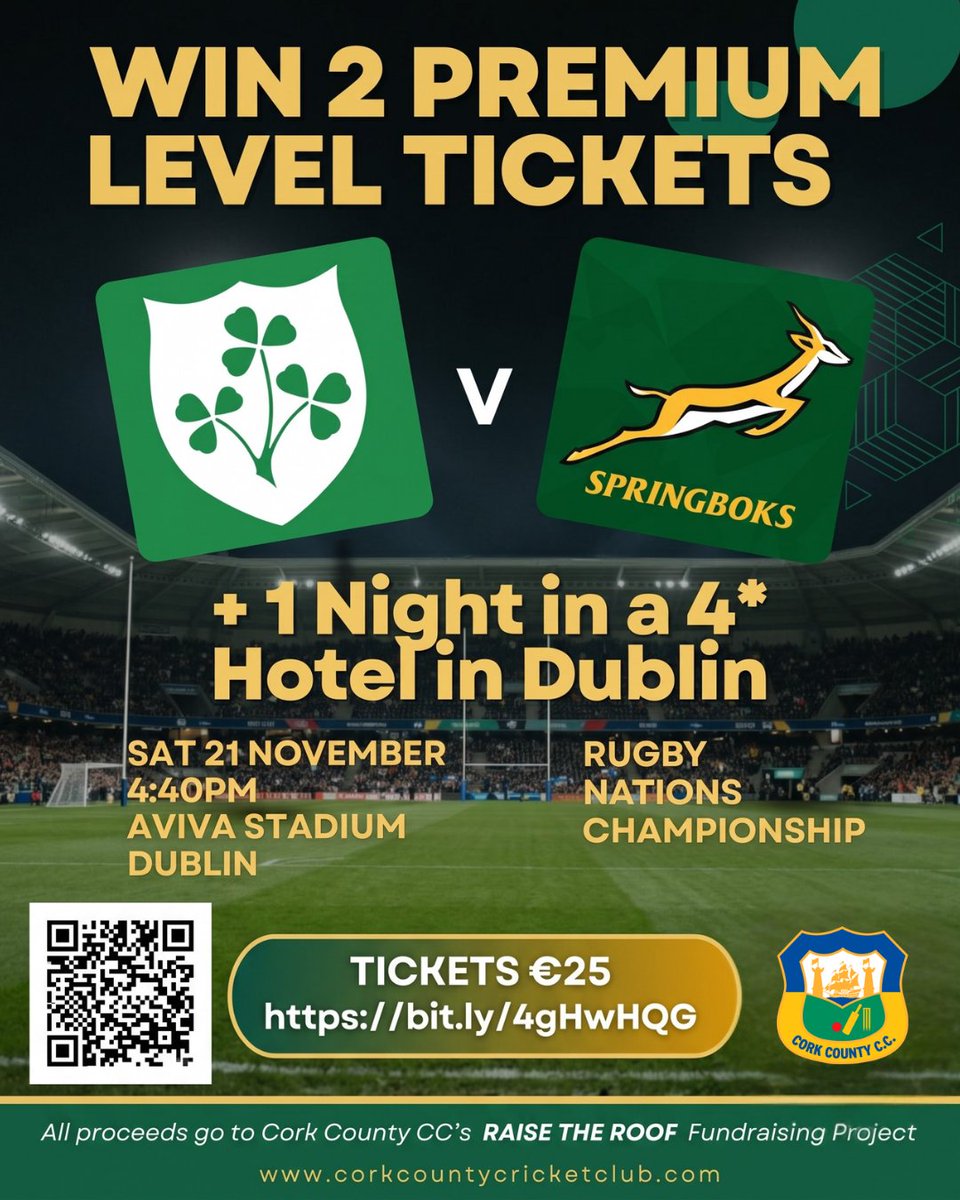 Cork_CountyCC's tweet photo. 🏉 WIN THE ULTIMATE RUGBY GETAWAY! 
​Support our #RaiseTheRoof campaign &amp; win an unmissable trip to the Aviva for Ireland vs. South Africa in November! 

​🎟️ 2 Premium Level Tickets
🏨 1 Night B&amp;B in a 4⭐ Dublin City Centre Hotel

​Entry €25 👇
🔗 https://t.co/zQ1H2vRt5K https://t.co/RjRdHASqXg