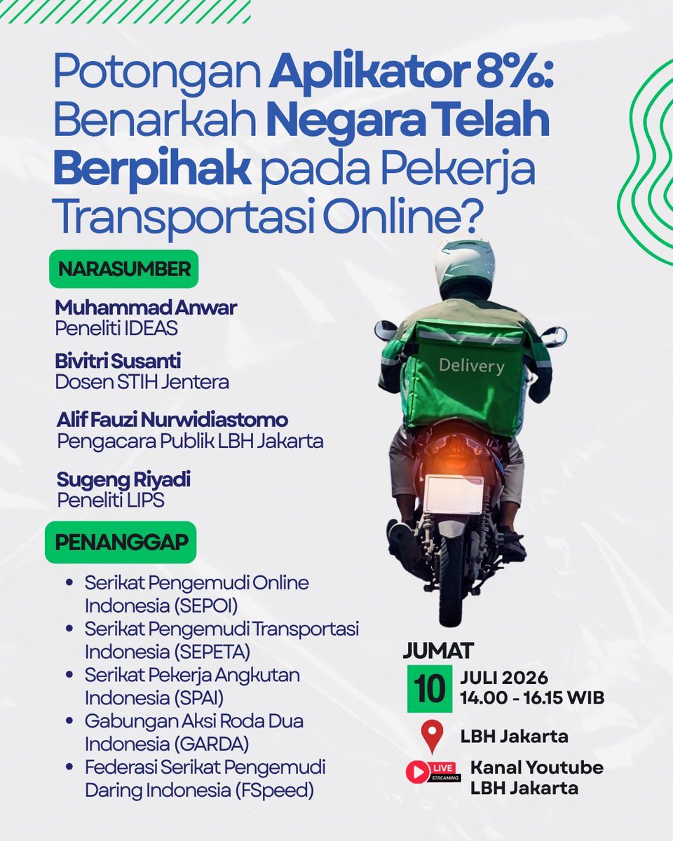 LBH_Jakarta's tweet photo. UNDANGAN DISKUSI PUBLIK

“Potongan Aplikator 8%: Benarkah Negara Telah Berpihak pada Pekerja Transportasi Online?”

Pada 1 Mei 2026, Presiden Prabowo mengumumkan telah menandatangani Perpres Nomor 27 Tahun 2026 tentang Perlindungan Pekerja Transportasi https://t.co/AfMFPQq1aB