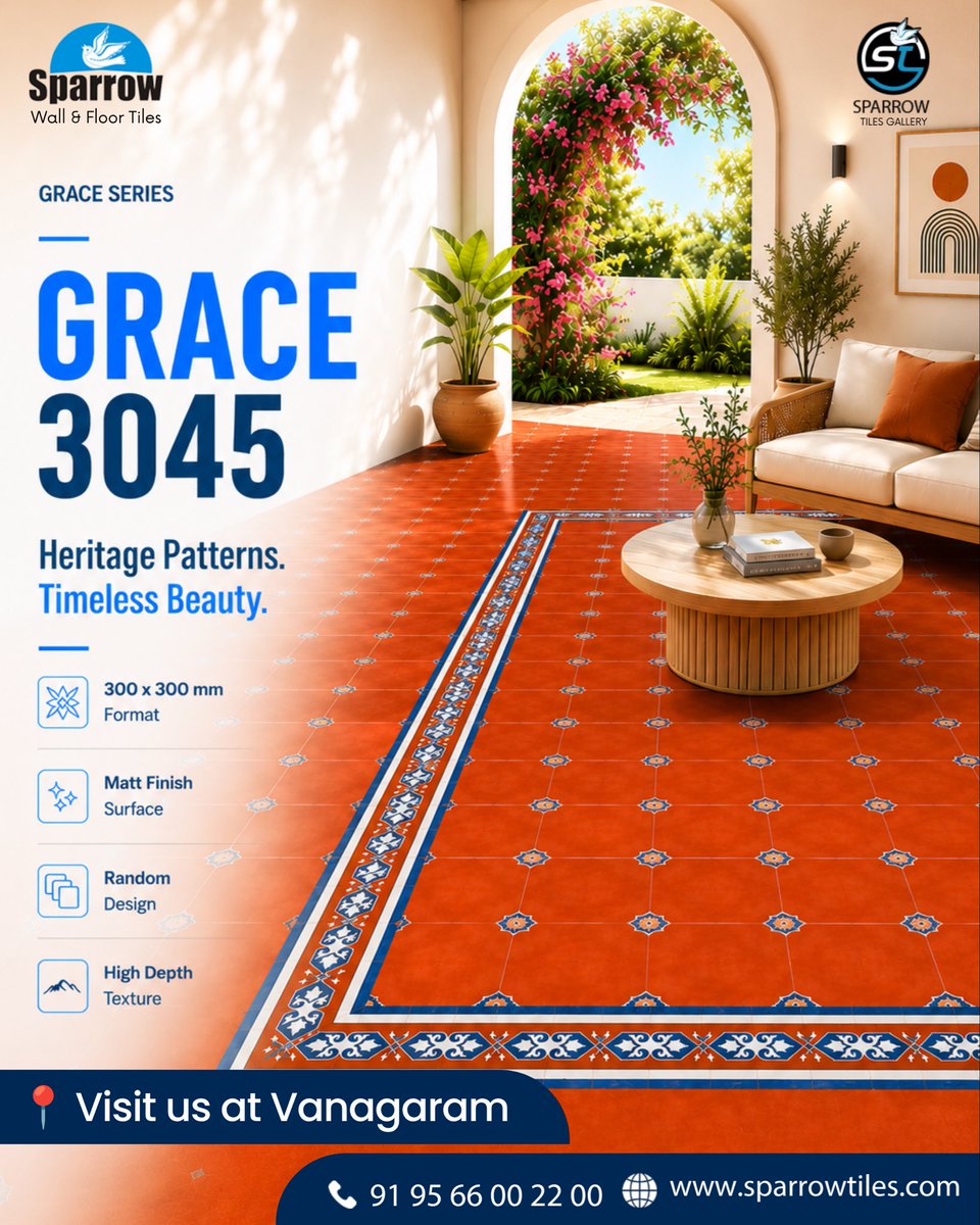 SparrowTiles's tweet photo. ✨ Heritage Reimagined. Timeless by Design.

Discover Grace 3045 from our Grace Series—heritage-inspired floor tiles featuring authentic patterns, matt finish, and lasting elegance.

📏 300 × 300 MM

📍 Visit our Vanagaram Showroom, Chennai

#SparrowTiles #GraceSeries #Grace3045 https://t.co/zdxg2hmcJa