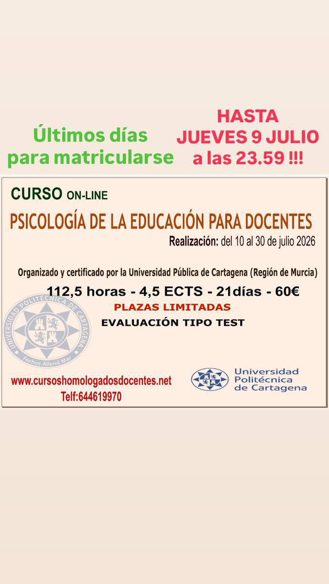 OpoDocentes's tweet photo. 👉CURSO 100% ONLINE CERTIFICADO E IMPARTIDO POR LA UNIVERSIDAD PUBLICA UPCT DE MURCIA    
👉Más información de éste y de otros cursos en    
👉👉Web: 
https://t.co/i7qHufBCAA
👉👉Teléfono de contacto: 644619970 (también whatsaap) https://t.co/iqTfVEuEXU