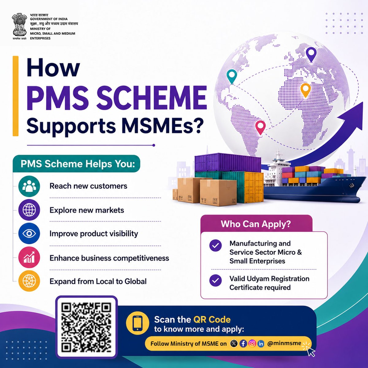 minmsme's tweet photo. Take your MSME beyond boundaries with the Procurement & Marketing Support (PMS) Scheme. From trade fairs and exhibitions to e-commerce adoption and market linkages, the scheme empowers enterprises to access new opportunities and grow their business.

#UdyamiBharatViksitBharat #MSME #entrepreneur #employment #empowerment