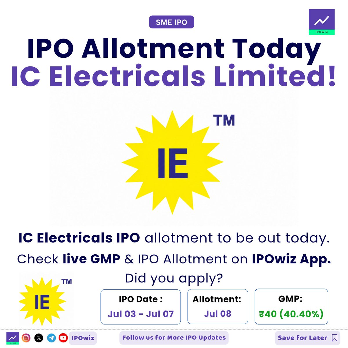 ipowiz's tweet photo. IC Electricals IPO Allotment Today ππ₯
Did you apply?
#ipo #ipoallotment #icelectrical #icelectricalipo https://t.co/wqA362lcgO