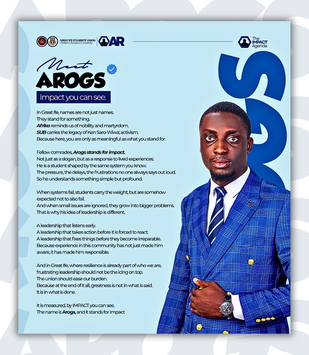 _Arogs's tweet photo. Meet AROGS — Impact You Can See. 

In Great Ife, leadership isn’t about promises, it’s about presence, pressure, and purposeful action. From listening early to fixing problems before they become crises, AROGS embodies the kind of responsive, responsible leadership our union needs.

Names mean something here. AROGS represents IMPACT.

To learn more, go to :
 https://t.co/kvCDMjpBnp

Join the movement:
https://t.co/QAmXYYYsH5

IMPACT | AROGS

#RISEWITHIMPACT