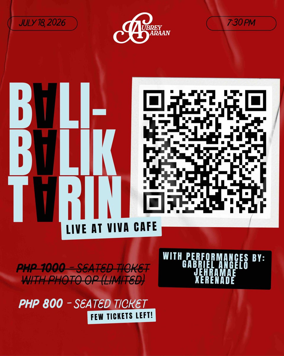 Itsmeaubreyc's tweet photo. See you this July 18 at Viva Cafe! ❤️ Reserve your seats now! (link below or scan the QR code for tickets)
https://t.co/S16bNi1YxF https://t.co/RHR9KSlHyg