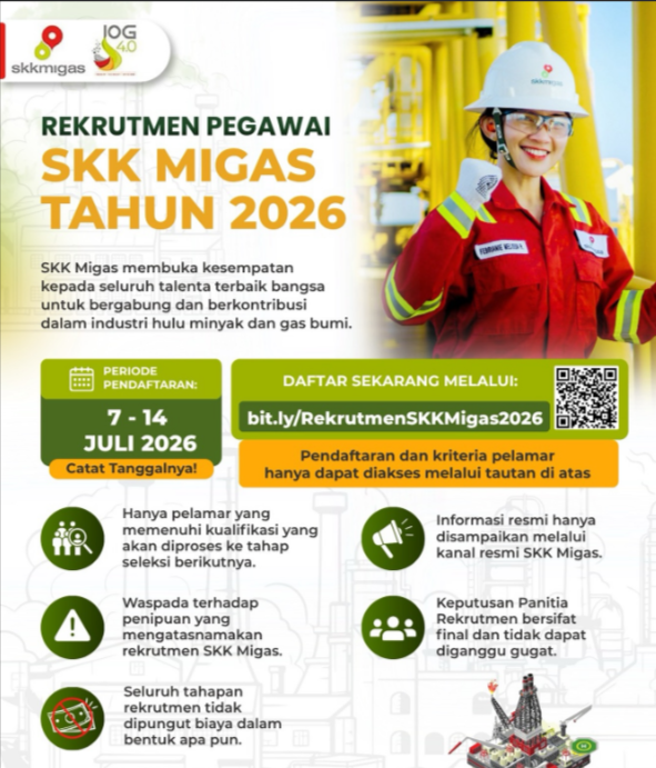 temankerjaaa's tweet photo. Rekrutmen Pegawai SKK Migas Tahun 2026 Resmi Dibuka!

SKK Migas membuka kesempatan bagi talenta terbaik Indonesia untuk bergabung dan berkontribusi dalam mendukung ketahanan energi nasional melalui industri hulu migas.

📅 Periode Pendaftaran: 7–14 Juli 2026

🔗 Daftar sekarang melalui:
https://t.co/TDCYGu20fF

Perlu diperhatikan:
✔️ Hanya pelamar yang memenuhi kualifikasi yang akan diproses ke tahap seleksi berikutnya.
✔️ Informasi rekrutmen hanya disampaikan melalui kanal resmi SKK Migas.
✔️ Seluruh tahapan rekrutmen tidak dipungut biaya dalam bentuk apa pun.
✔️ Waspada terhadap penipuan yang mengatasnamakan rekrutmen SKK Migas.
✔️ Keputusan Panitia Rekrutmen bersifat final dan tidak dapat diganggu gugat.

#Hiring #temankerjamu