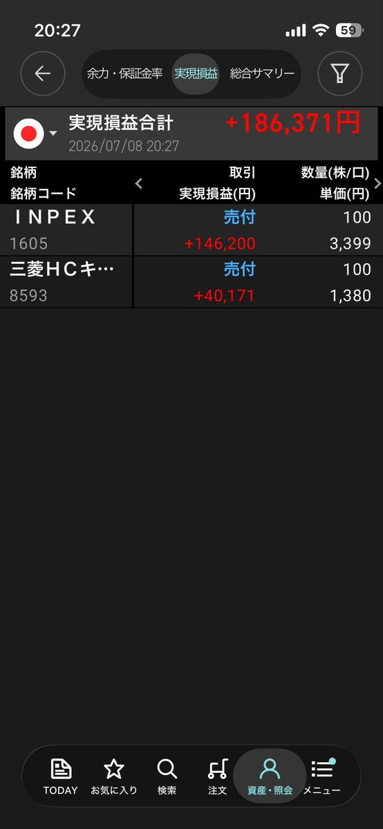 X6Gax's tweet photo. 実質前日比10万くらい
インペックス上がってたから100株売却して、話題の563A買い増し
三菱HCキャピタルもトランプショックあたりでやたら買い増してるからポジション調整で少し売却 https://t.co/BXiQ1eKrAx