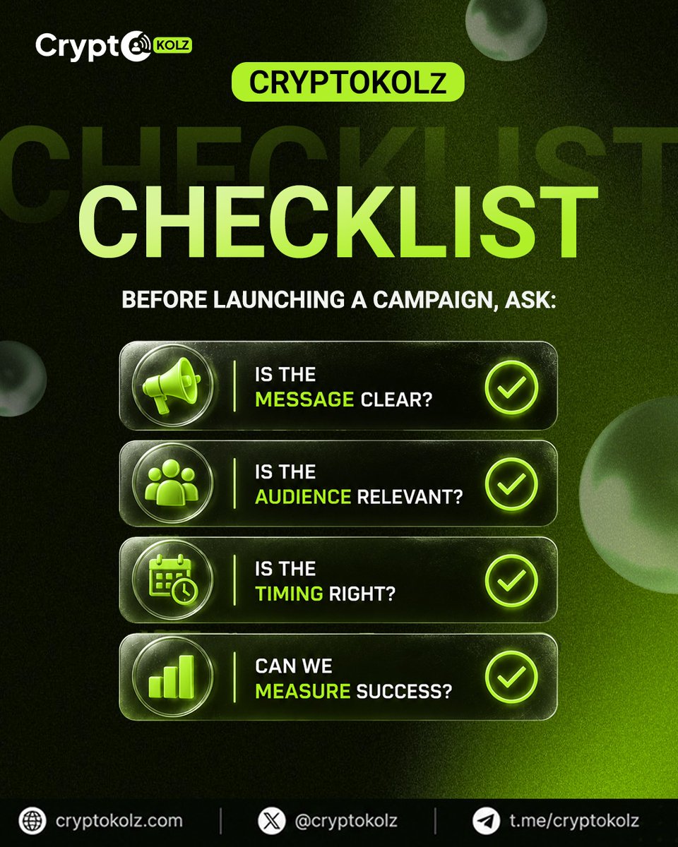 cryptokolz's tweet photo. CryptoKOLz Campaign Checklist: Plan Before You Launch π
A successful KOL campaign starts with a clear message, the right audience, perfect timing, and measurable goals.
πhttps://t.co/RQrlIAVHaZ
#CryptoKOLz #KOLCampaign #KOL #Crypto https://t.co/XDyZWO2WfQ