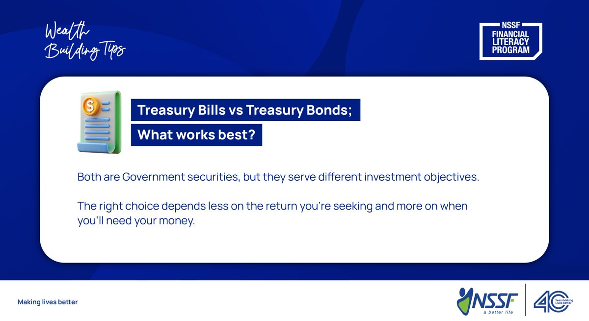 nssfug's tweet photo. Investing isn't about choosing the investment with the highest return, it's about choosing the one that aligns with your financial goals. Understanding the difference between Treasury Bills and Treasury Bonds can help you make more informed investment decisions.

Learn which option may suit your investment horizon.