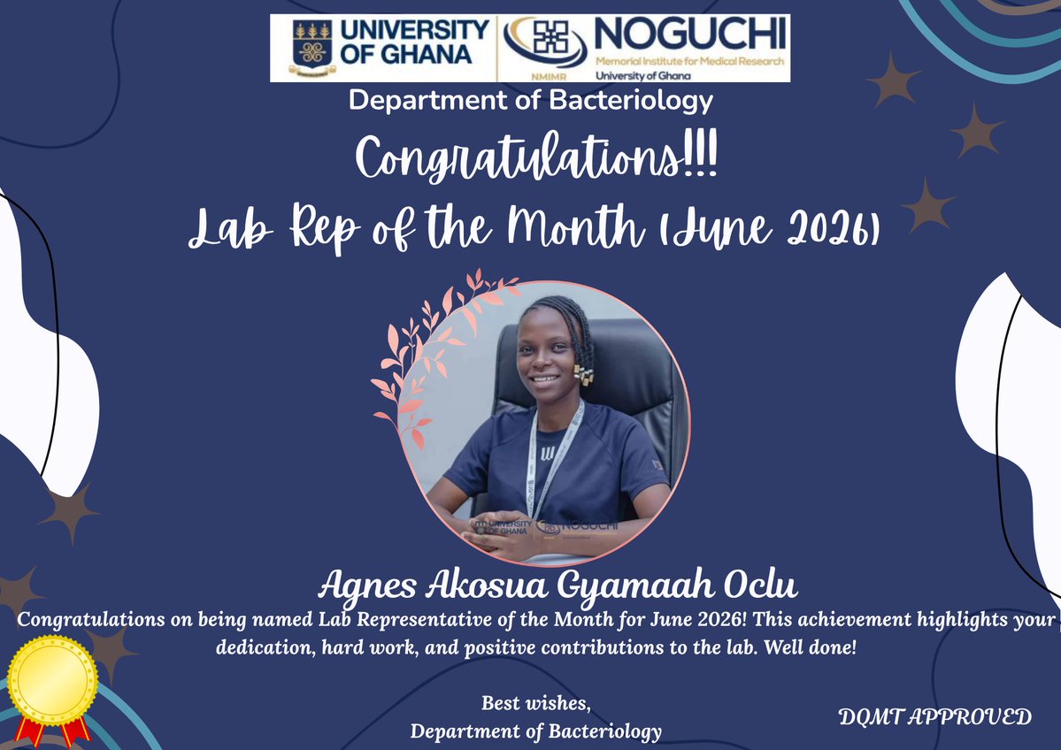 NoguchiBact's tweet photo. 🌟 Congratulations to our June 2026 stars!
🏆 Employee of the Month — Stephen Osafo Portuphy
🧪 Lab Rep of the Month — Agnes Akosua Oclu
Your dedication, leadership, and commitment to excellence inspire us all. Well deserved! 👏
#NoguchiBacteriology @NMIMR_UG https://t.co/l0SO8he5I0