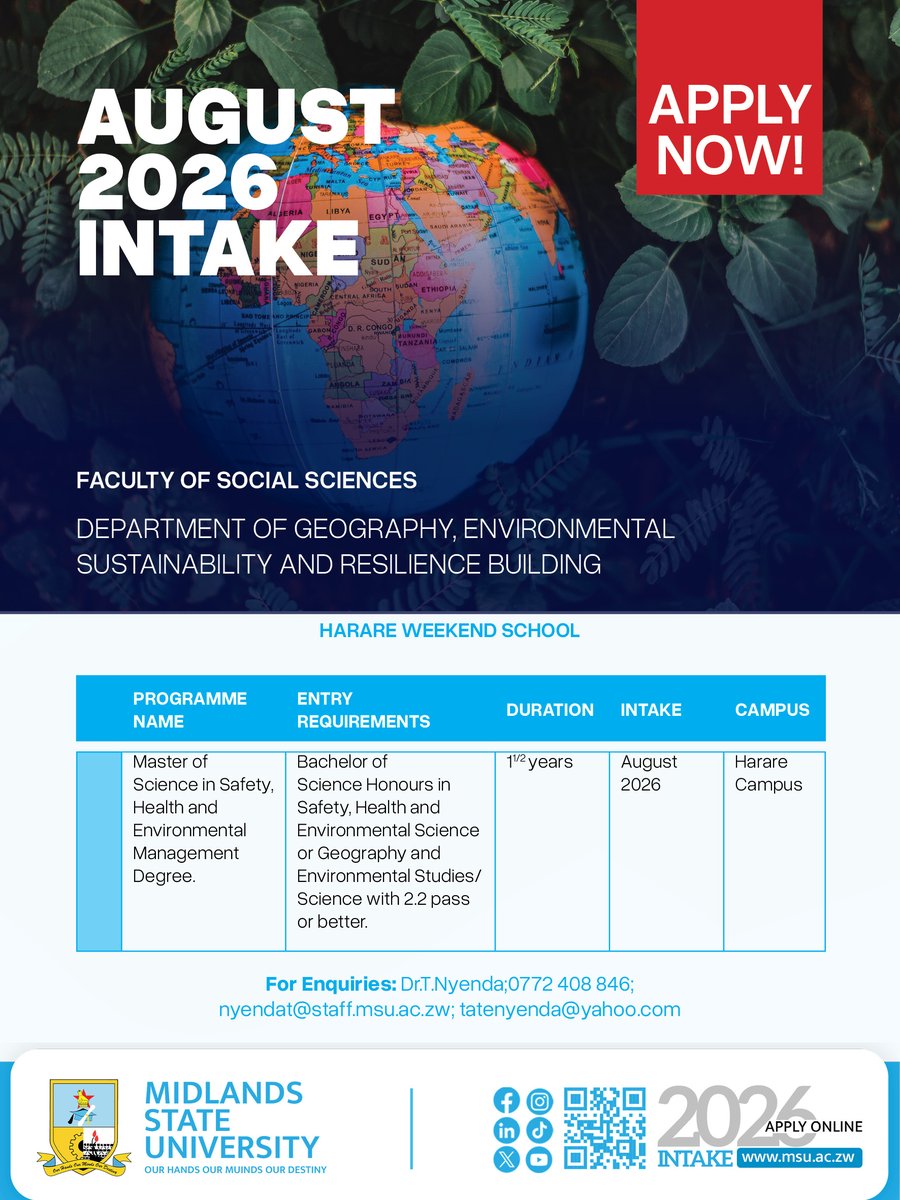 MidlandsState's tweet photo. Build a Career in Environmental Sustainability with MSU

Applications for the August 2026 Intake are open for programmes offered by the Department of Geography, Environmental Sustainability and Resilience Building at the Harare Weekend School.

Choose from undergraduate, postgraduate diploma and master's programmes designed to equip you with the knowledge and skills to address today's environmental, safety and sustainability challenges.

Apply online at https://t.co/r2QiX5OwUa or visit any MSU campus to submit your application.

#WEAREMSU 
#secureyourfuturewithmsu
#universityoffirstchoiceforall