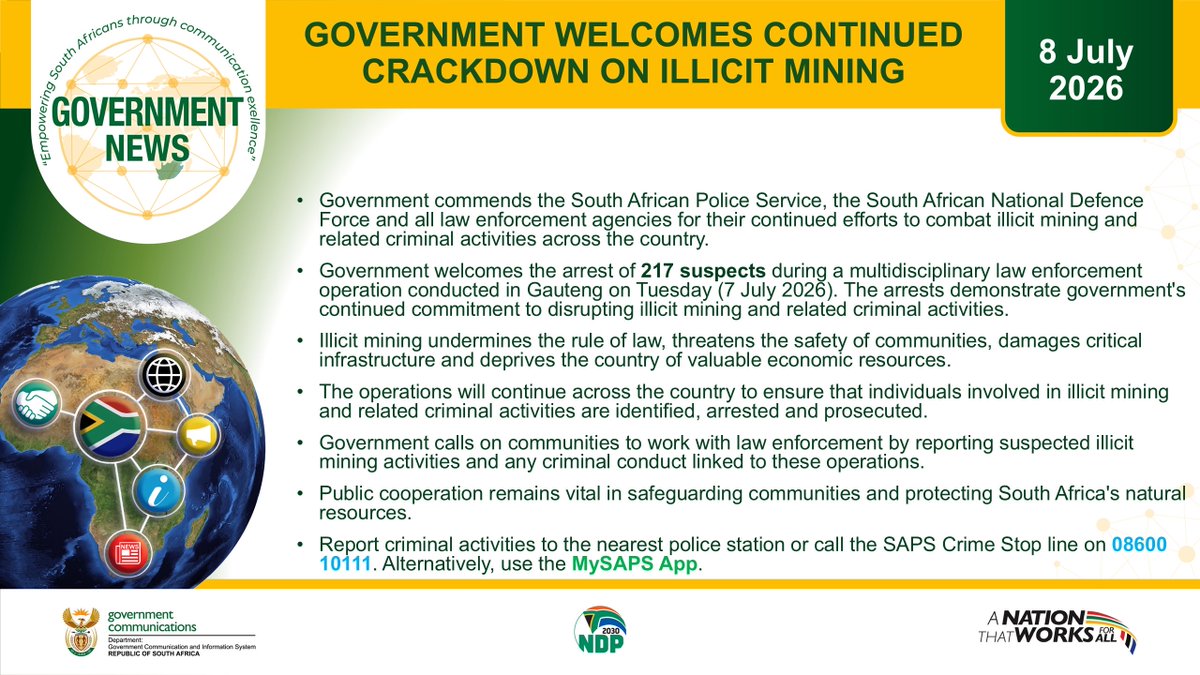 GovernmentZA's tweet photo. #GovNews | Government commends the South African Police Service, the South African National Defence Force and all law enforcement agencies for their continued efforts to combat illicit mining and related criminal activities across the country. 

#GovZAUpdates #SAInnovates #IllicitMining #LawEnforcement