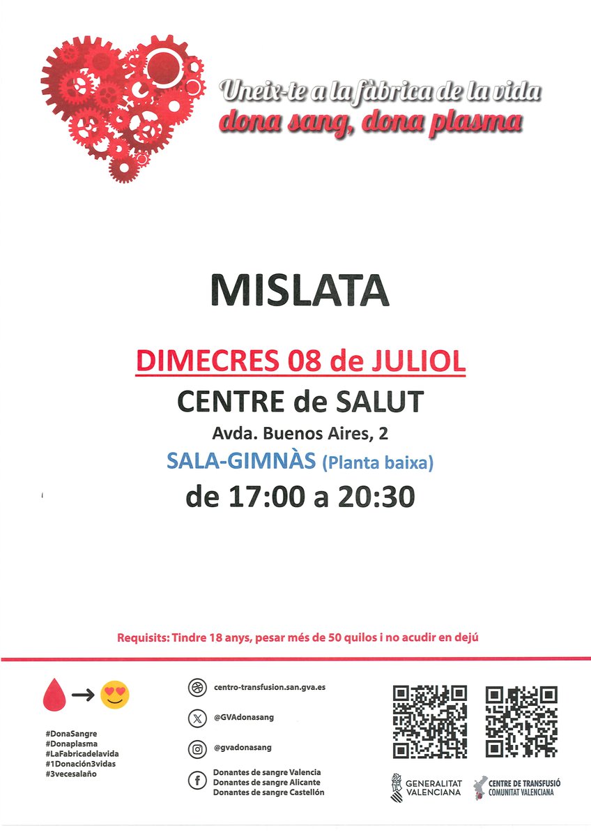 GVAdonasang's tweet photo. Dona sang a #Mislata
📅dimecres #8juliol 
A l'estiu la fàbrica de la vida no se'n va de vacances.
La teua donació de sang és necessària perquè continue l'activitat assistencial als hospitals.

#DonaSangre #DonaPlasma
Uneix-te a #LaFàbricaDeLaVida❤ https://t.co/iuwHewR0Uh
