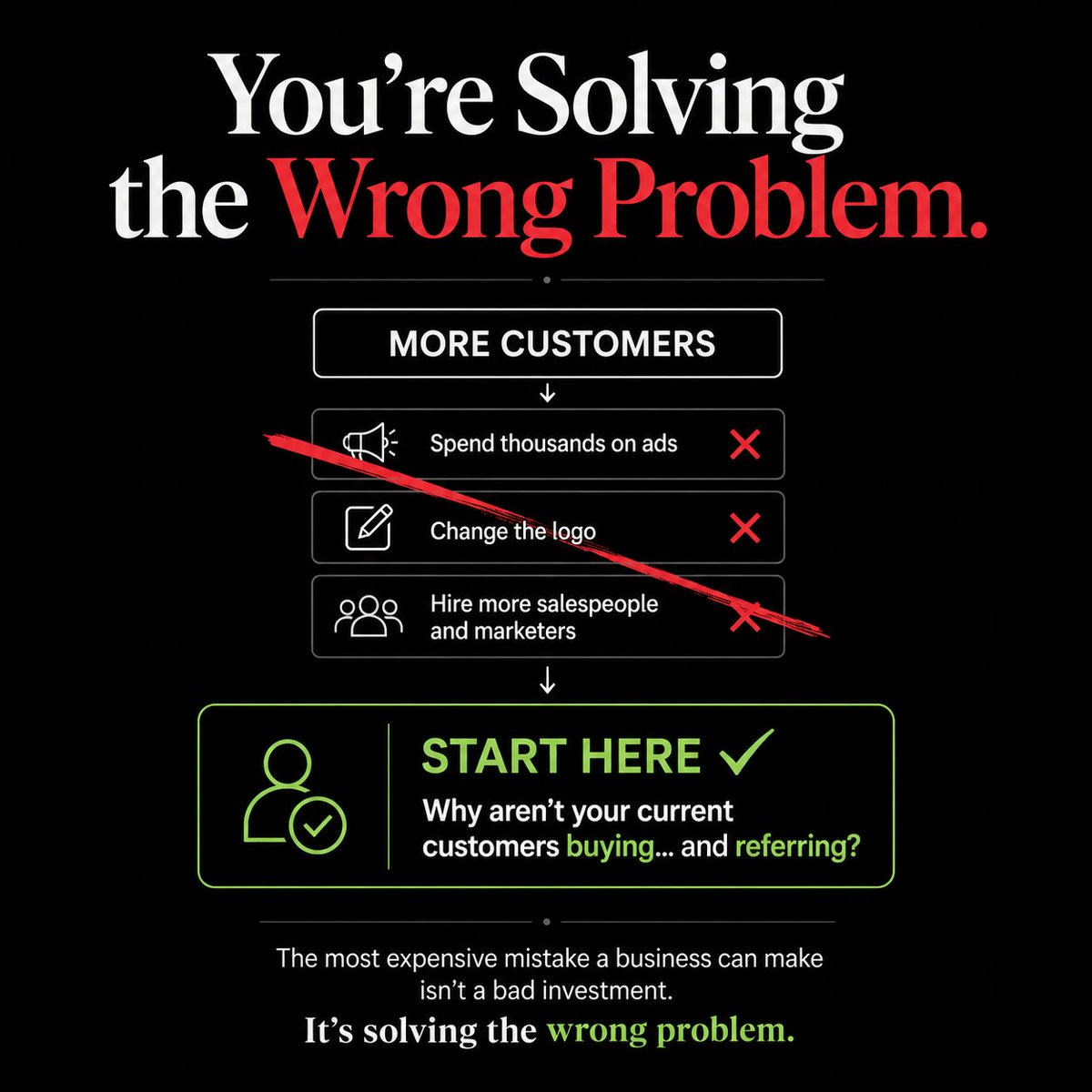 SaniIsrael1's tweet photo. I've seen businesses:

Spend thousands on ads when customers didn't understand what they were buying.

Change their logo when the offer was weak.

Hire more salespeople and marketers when nobody was following up. https://t.co/XN5bsDHEJx