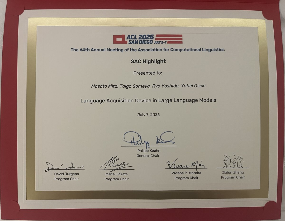 chemical_tree's tweet photo. 🏆Happy to share that our paper on improving LLM data efficiency via human-like inductive biases received an SAC Highlight Award at ACL2026🎉
Huge thanks to my brilliant and supportive co-authors! 
@aclmeeting  #ACL2026NLP #NLProc https://t.co/GjhdpdhS4x