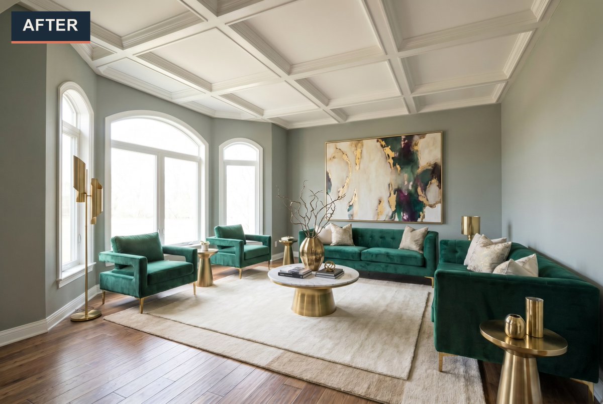Staging_Studio's tweet photo. That coffered ceiling and arched window wall deserved a room worthy of them. Emerald velvet seating, brushed gold accents, and a bold statement canvas turned this bare space into a living room that stops buyers cold. #VirtualStaging #RealEstateMarketing #RealEstatePhotography https://t.co/yPeR9shg2V
