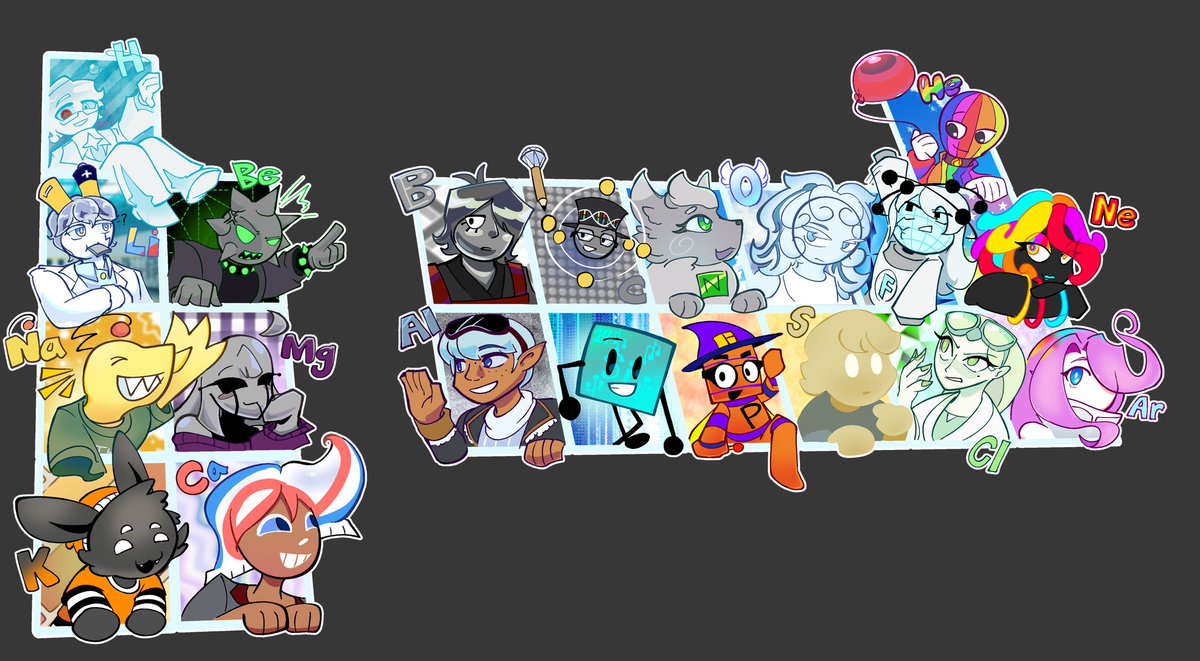 Astronomy_luver's tweet photo. All together in Periodic Table!!! (1 to 20/Hydrogen to Calcium) 
Chemistry #PeriodicTable Mass attack for #artfight2026! https://t.co/9vZ0VrF5Xv