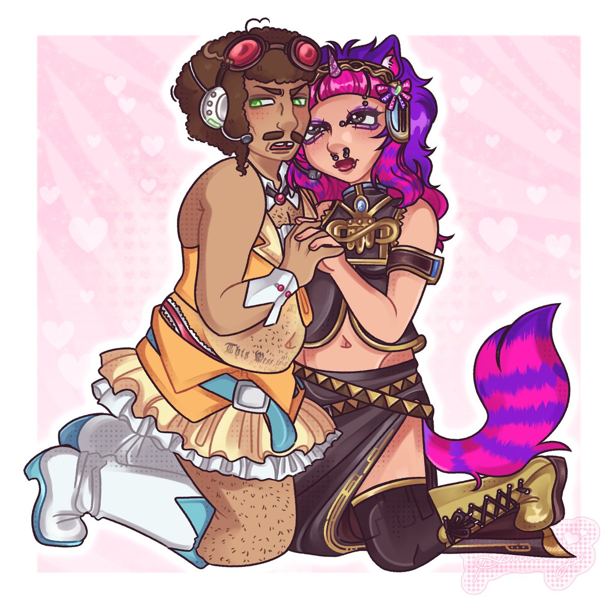 _gatito_luv's tweet photo. 🦄GatitoFace!!! Me and Murderface dressed up as #gumi and #lukamegurine 🩷💜🩷💜art by @phreakbug thank u sm for trading with me this is adorable!🩷💜🩷💜🩷💜 #vocaloid #metalocalypse #williammurderface #dethklok #yumeship https://t.co/E550wbQsGf