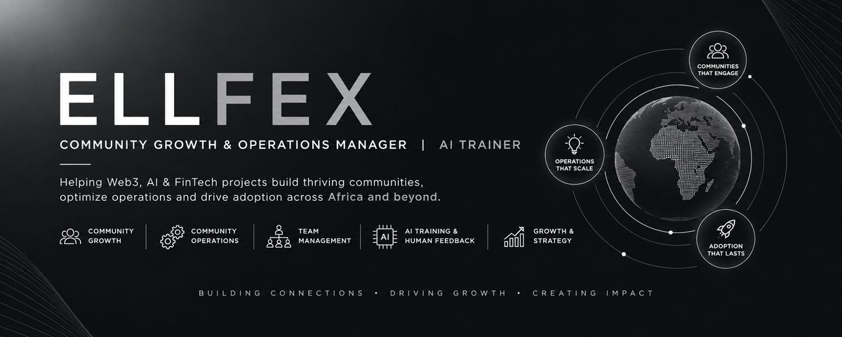 EllFexx's tweet photo. Most people know me as just ELLFEX, but here's what i actually do behind the scenes for projects in Tech.

🦇I help Startups, Web3, Fintech & AI companies build communities that don't just grow, they stay engaged, organized and scalable.

Over the past few years, I've worked across multiple projects as a:

-Community Growth & Operations manager 
-HR, Hiring Manager, Recruiter
-AI Trainer, Beta Tester
-Community Manager 
-Web3 Ambassador
-Growth specialist
-Content creator
-Moderator 

Through These roles, I've helped projects:

🟢Build stronger communities 
🟢Improve adoption across Africa and beyond
🟢Increase user engagements 
🟢Improve community operations 
🟢Support product adoption 
🟢Create educational content 
🟢Manage moderator and community teams 

Now I'm taking everything I've learned and documenting it publicly:

Here's what you'd find on this PAGE:

-Free Remote/Local Job opening through Naijajobber
-Community growth strategies 
-Community operations systems 
-Web3 three career insights 
-Lessons from working web3
-AI training and human feedback 
-Case studies from real project 

MY MISSION IS SIMPLE:

To help Startups, Web3, Fintech & AI companies build thriving communities and accelerate adoption across Africa and beyond. One that people actually want to be part of

While helping aspiring community professionals grow their careers.

If you're a Founder looking to build a stronger community, or someone who wants to grow in Web3 then you're in the right place.

Let's build something MEANINGFUL.

📩I am always open to Community Growth, HR, Community Operations, AI training, Consulting and Collaboration opportunities 

Follow @EllFexx, & Let's grow together. Check Timeline for Other Contents. Turn on post Notification!