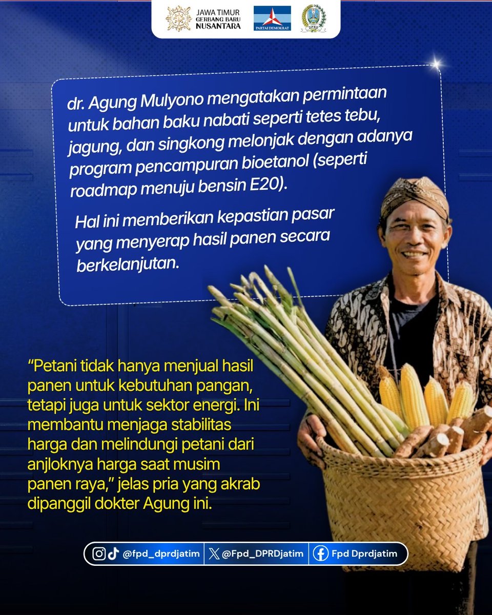 Fpd_DPRDJatim's tweet photo. Menurut Ketua Fraksi Partai Demokrat DPRD Provinsi Jawa Timur, dr. Agung Mulyono, kebijakan ini menjadi momentum agar petani memperoleh kepastian pasar sekaligus menjaga stabilitas harga hasil panen.

#fpddprdjatim #demokratjatim #dprdjatim #pdemokrat #beritaindonesia https://t.co/2udNEiqxvt