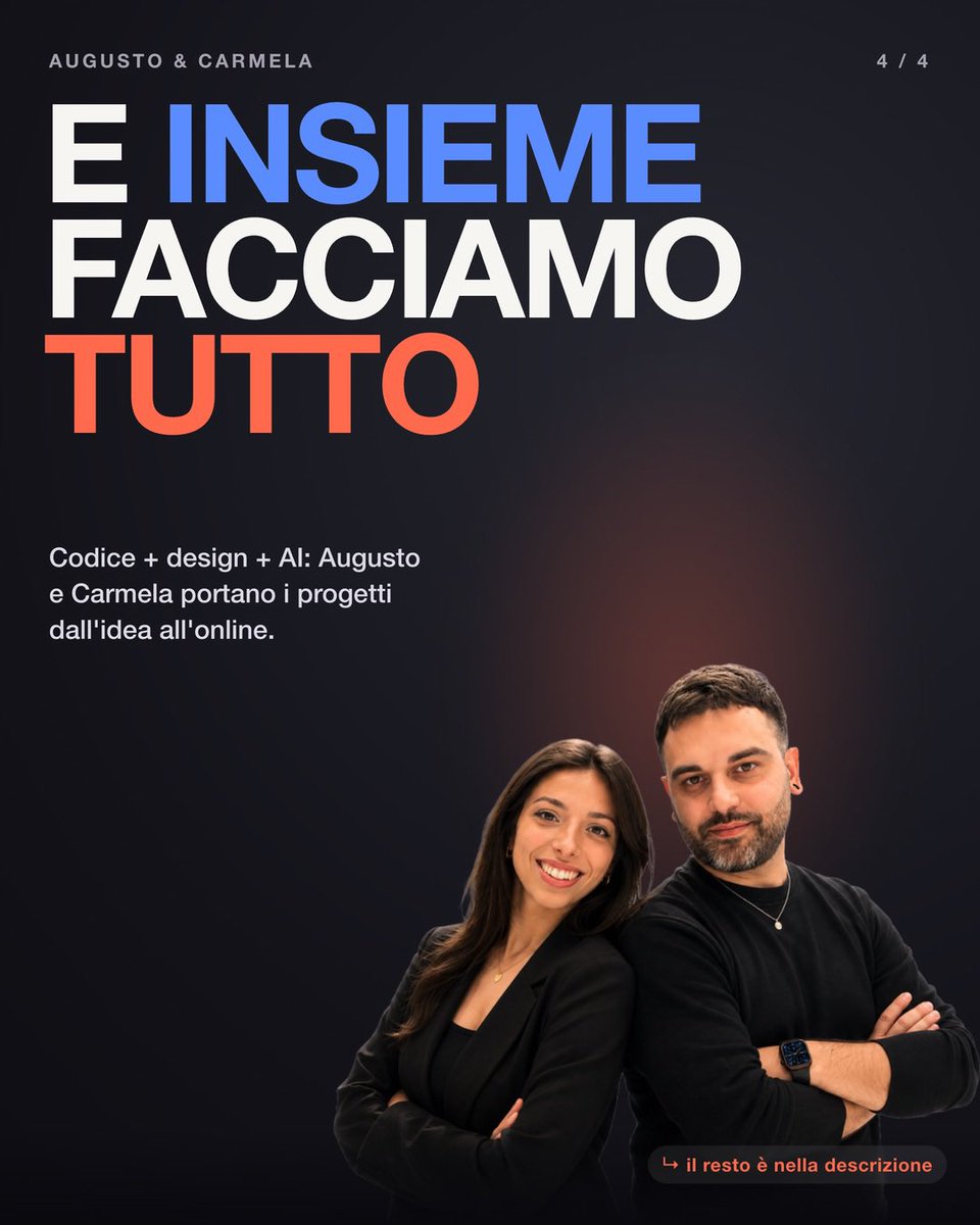gugudwt's tweet photo. «Ma quindi… di preciso che lavoro fate?» 🤔

Ce lo chiedono davvero molto spesso, quindi abbiamo deciso di spiegarlo una volta per tutte — senza cavarcela con il classico "lavoro al computer" 😅

Siamo Augusto e Carmela, una coppia che di mestiere costruisce "cose" digitali. https://t.co/qHLSkUvFPG