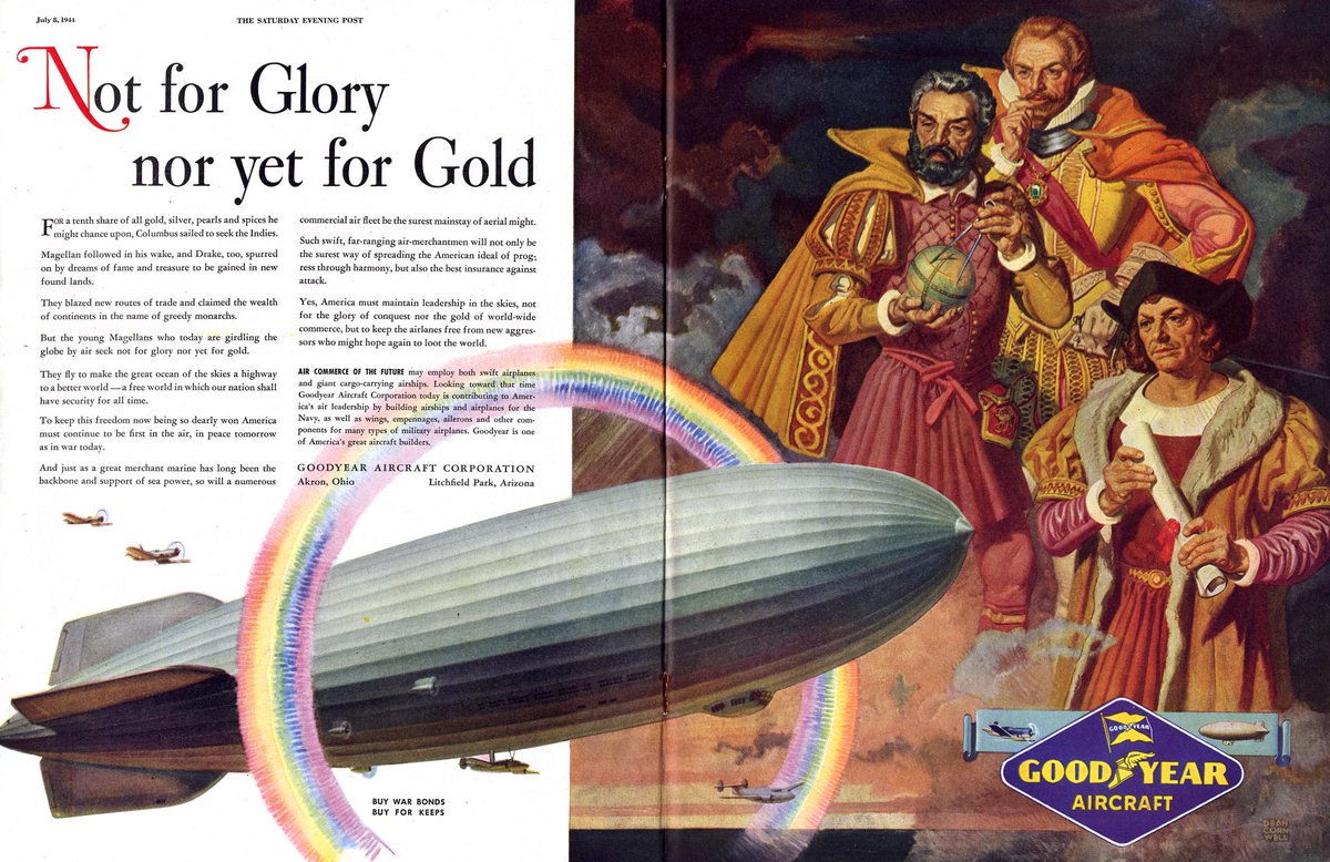 LRonLacy's tweet photo. #OTD in 1944
🧵👇
‘Not for Glory nor yet for Gold’
Goodyear Aircraft
#Illustration by Dean Cornwell (1892-1960)
#illustrationart #illustrationartists #DeanCornwell #AmericanArt #ChristopherColumbus
#FrancisDrake #FerdinandMagellan #aircraft #airships #dirigibles #Goodyear https://t.co/MyDJBUBOel
