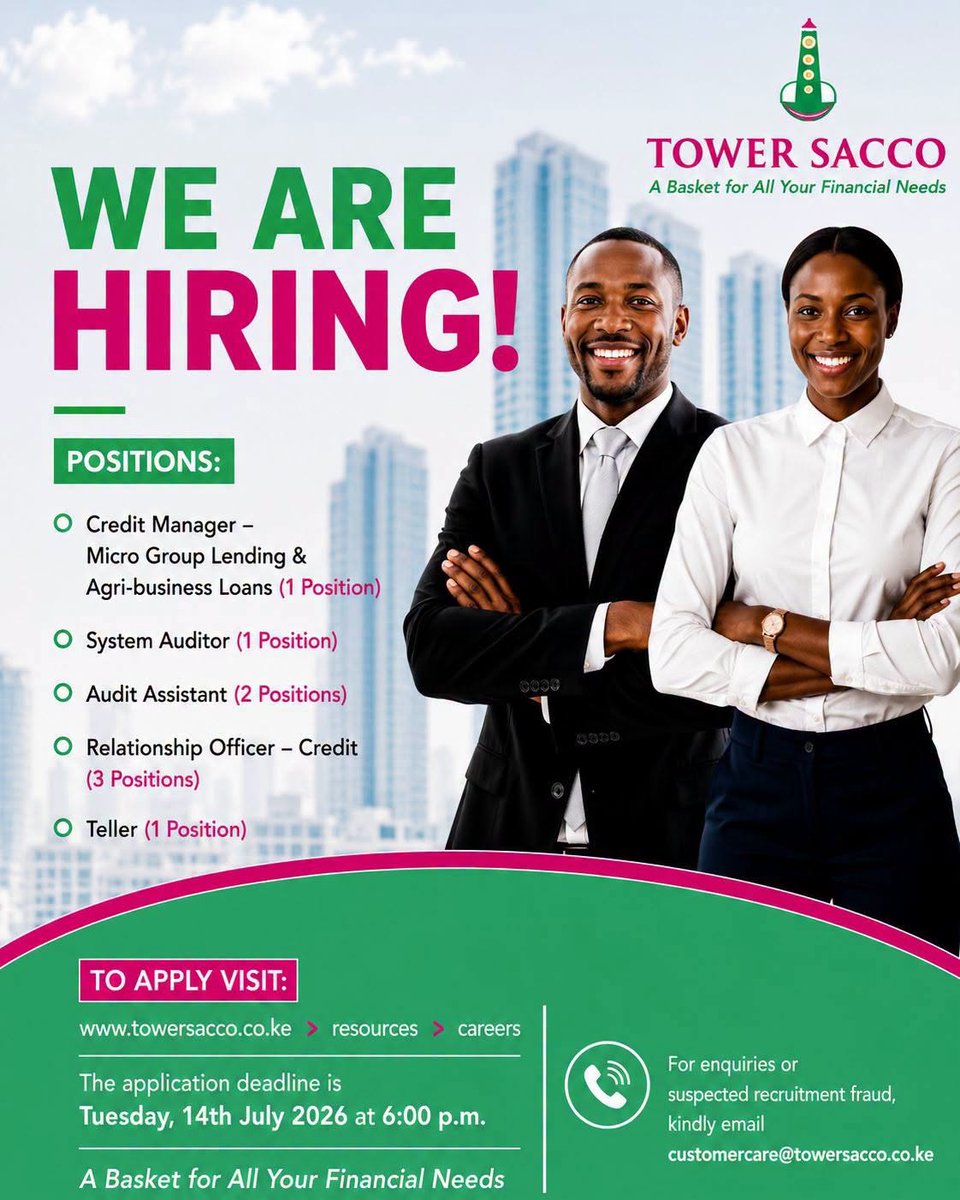 Sacco_Times's tweet photo. @TowerSaccoLtd  hiring!!
Tower Savings and Credit Co-operative Society Limited  is seeking to recruit suitably qualified and experienced individuals to join our dynamic team.
We invite interested candidates to apply for the following positions: https://t.co/8RbCnu8sZC