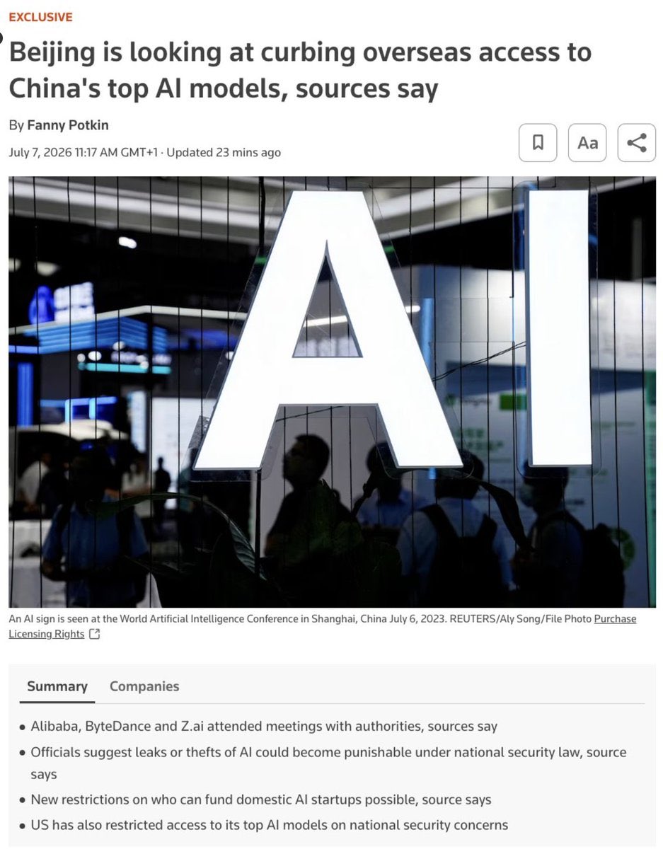nicklopper's tweet photo. China’s reported move to restrict overseas access to its leading AI models may seem bearish for AI at first glance. I actually think it’s bullish for the AI infrastructure trade, and particularly for the neoclouds building the compute layer, such as $NBIS $CRWV $CIFR $IREN.

Over the last 18 months, one of the biggest tailwinds for neoclouds has been the explosion of open-weight models. Companies no longer need to rely exclusively on the frontier labs. They can run DeepSeek, Qwen, Kimi and other state-of-the-art models on their own infrastructure, driving demand for GPU capacity outside the hyperscalers.

If access to China’s best models becomes restricted, it doesn’t reduce demand for inference. It fragments it.

Enterprises will increasingly need trusted, sovereign AI infrastructure with access to multiple model ecosystems. That shifts value further down the stack, from the model itself to the compute, networking and infrastructure that delivers it.

AI is starting to look a lot like semiconductors:

The models become strategic assets.
Access becomes geopolitical.
Sovereign AI becomes a competitive advantage.

I think this is another step towards a world where every region wants its own AI infrastructure, not just access to someone else’s.

That’s a very constructive backdrop for the neocloud thesis, and one of the reasons we’re so excited about what we’re building with Alpha Ticker and the upcoming Nucleus Fund. 🚀