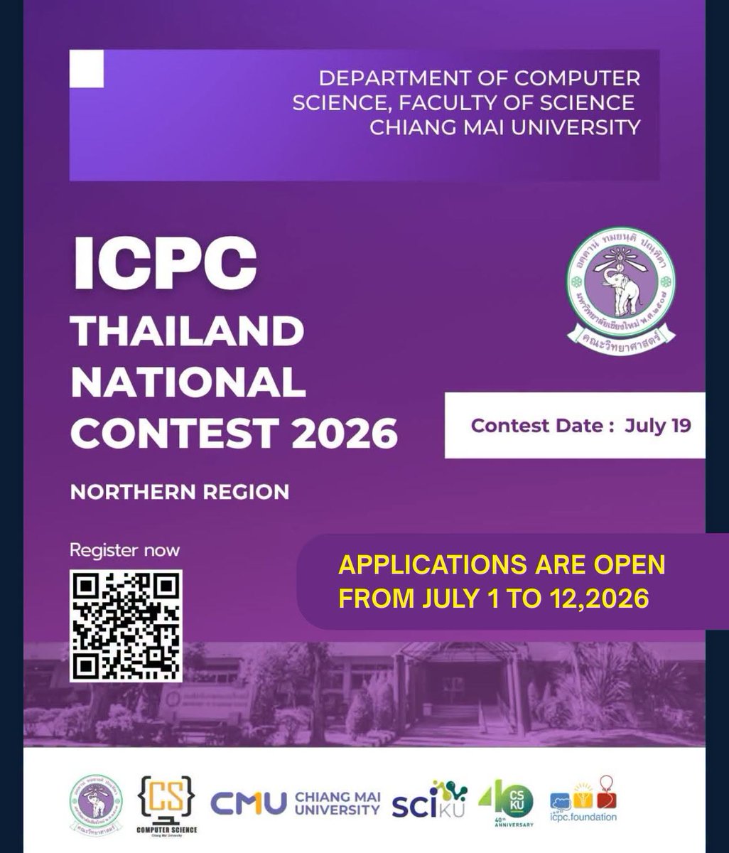 sci_cmu's tweet photo. ขยายเวลารับสมัคร  ICPC 2026 (ระดับภูมิภาค ภาคเหนือ) ถึง 12 กรกฎาคม 2569
https://t.co/p53H0LHrv1
#ICPC2026 #ICPCNorthThailand #CSCMU
https://t.co/TYot9dFOqI https://t.co/847aiVLuDl
