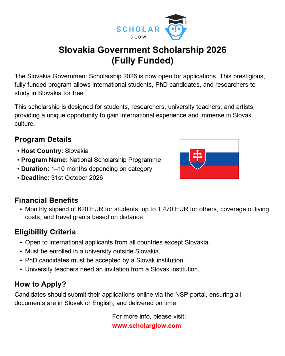 scholarglow's tweet photo. 🇸🇰🚀 Slovakia Government Scholarship 2026: Fully Funded Study in Europe

📅 Duration: 1–10 months
⏳ Deadline: October 31, 2026

More details:
https://t.co/3Y3XVl4PB9

#Scholarship #StudyInEurope #FullyFunded #InternationalStudents #Slovakia https://t.co/ENwTLi29hm