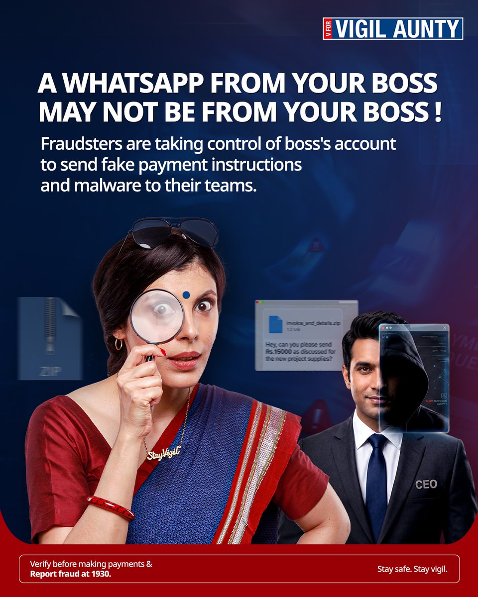 VForVigilAunty's tweet photo. Fraudsters know you might be afraid to question your boss, but it's always better to be safe than sorry.
Here's how you can stay safe - remember POV- pause, have 0 trust and verify.
#StaySafe #StayVigil #VigilAunty #Scam #Fraud #Boss #Corporate #Employee https://t.co/RRiHMmbV1A