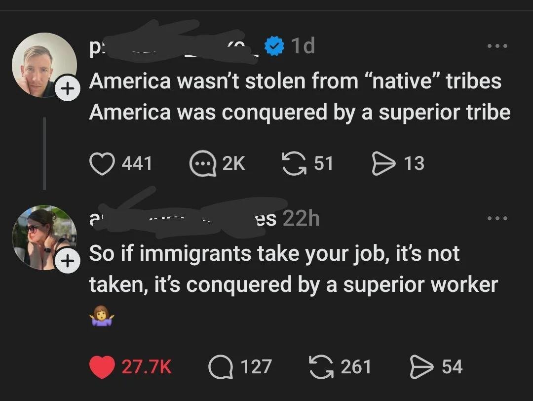 HolyPaladingus's tweet photo. The ironic part of this statement being, of course, that in both cases, it's corporations fucking over everyone else. Natives were mostly killed by disease, which the reason that happened is because people from a different bacterial ecosystem showed up looking to pillage the land for metals and other resources. The rest were slaughtered because they actively protected their land from said mining expeditions.

Immigration is used to apply downward pressure on wages, and in many cases, companies are encouraging the terrible conditions people are immigrating away from, specifically so they can exploit said people's desperation to get cheaper, harder working employees.

In either scenario, the correct takeaway is "Corporations are evil, and anything they do to benefit themselves should be treated as an attack on civilized society, and blocked as much as possible".