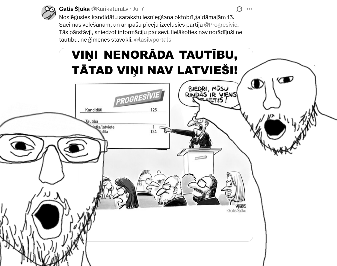 Videjais_LV's tweet photo. Ja tautības nenorādīšana, par kuru ar putām uz lūpām auro visi tvitera kanalizācijas grūtgalvīši, ir lielākā Pro problēma, tad jāsaka, ka par šo partiju var balsot.
Brēmanis, Šlesers, Mielavs, Zeltīts, Gobzems ir latvieši. Un?
Šito sūdu var iebarot tikai kartupeļiem :) https://t.co/a97PXdIyIC