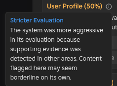 thejaxron's tweet photo. I think extension users need to realize the importance of this info icon that we add to "User Profile" flags. There are two sides to this. If we chose to remove these borderline reasons from flags, we would get "false negative" complaints from users, the kind we used to constantly get in the past. If we chose to keep them, we get "false positive" complaints like this instead.

Ultimately it is one of those situations where you have to pick a side. We chose to keep these borderline cases so nothing slips through, and to give users full visibility into why each one was flagged.

We also have a popup that informs every new extension user, upon finding their first flag, that a flag should be treated as a signal. That's where critical thinking is supposed to come in. Judging by most of the complaints we get, that concept seems to be in short supply.

On top of that, we added the info popover specifically to avoid this kind of confusion. But screenshots like these strip all of that context out. That info icon is there for a reason (see image).

And yes, we do see cases where users put this kind of thing in their profile specifically to avoid getting flagged. It's a common pattern, especially among ERPers who throw "MDNI" and "follows Roblox TOS" into their bio as an attempt to evade detection. The pattern is pretty obvious once you've seen it enough.

That said, if you genuinely come across a "User Profile" flag without one of these stricter evaluation icons, then yes, that's a real false positive.