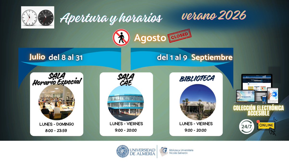 bibliotecaUAL's tweet photo. 📚 Aunque el periodo de exámenes ha finalizado, la @bibliotecaUAL y las salas de estudio siguen abiertas durante julio y septiembre.

🕒 Consulta los horarios de apertura en la imagen.

#biblioual #soyUAL #BibliotecaUAL #SalasDeEstudio #Horarios #UAL https://t.co/DymiuMuRPj