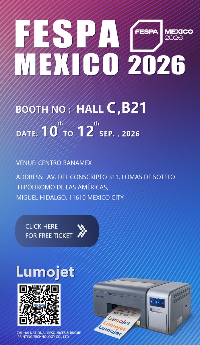 INKPOWER1995's tweet photo. Mark your calendar! FESPA Mexico 2026 is coming soon Lumojet will showcase our DTF A3 printers at Booth B21, Hall C!You can watch live machine demonstrations on site and see vibrant, smooth printing results in person. Dates: September 10 – 12, 2026 https://t.co/B4d9ZOhYRB