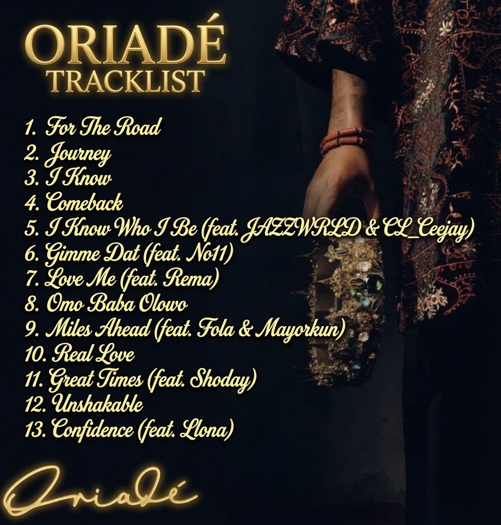 jahboyback4's tweet photo. Davido just released the tracklist of his upcoming album #oriadé featuring 

JAZZWRLD 
CL_Ceejay
NO11
Rema
Fola 
Mayorkun 
Shoday 
Llona https://t.co/wl6tnzfcI2
