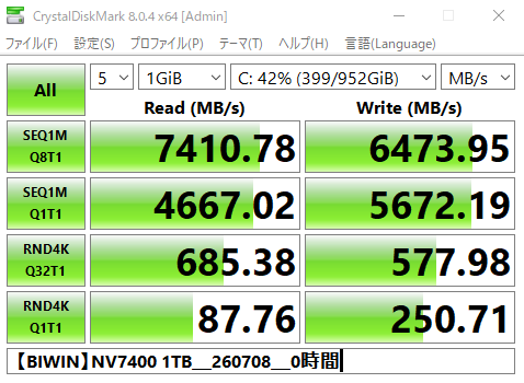 Marine_nattyo's tweet photo. 【#BIWIN】NV7400 1TB、
朝に届いてOS入れてベンチ。
公表通りの数字出てますねー👍

アイドル時50℃程度が気になるので対策します🫡 https://t.co/yFczANNHju